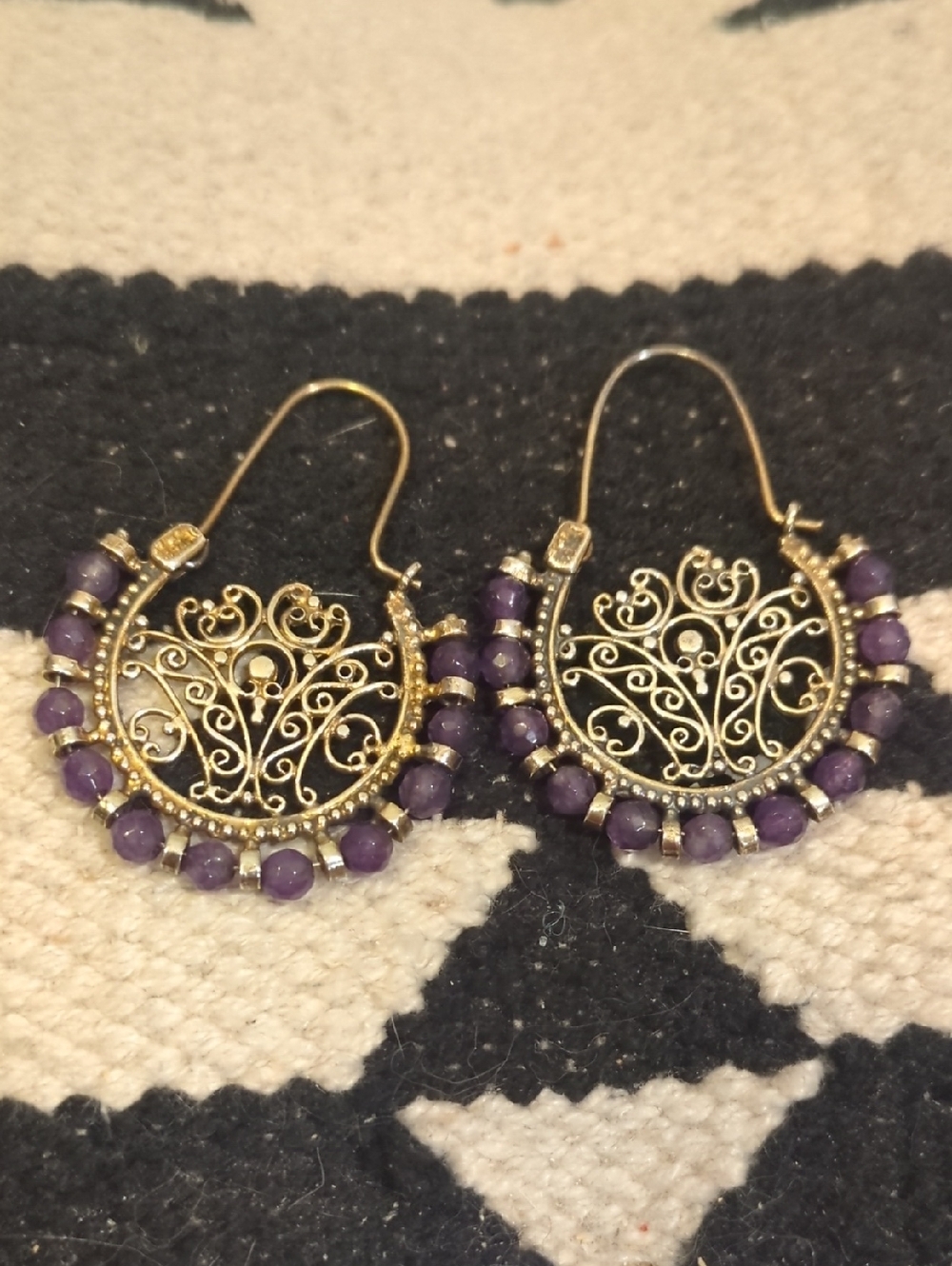 Gold Filigree Hoop Earrings with Purple Beads